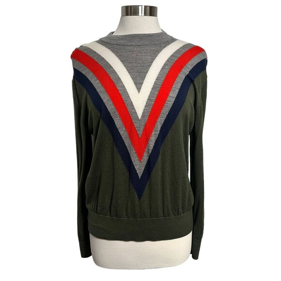 G/Fore Golf Womens Large Green Striped 100% Wool Lightweight Pullover V-Neck Swe - Picture 1 of 10